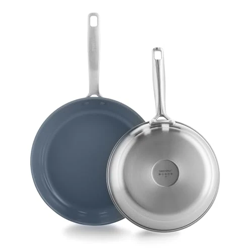 Offerta a tempo: GreenPan Treviso Set di 2 Padelle in Acciaio Inox con Rivestimento Ceramico Antiaderente Sano, 24 cm e 28 cm, senza PFAS, Induzione, Forno e Lavastoviglie, Argento - 0.00% da 118.11 € a 118.11 €
