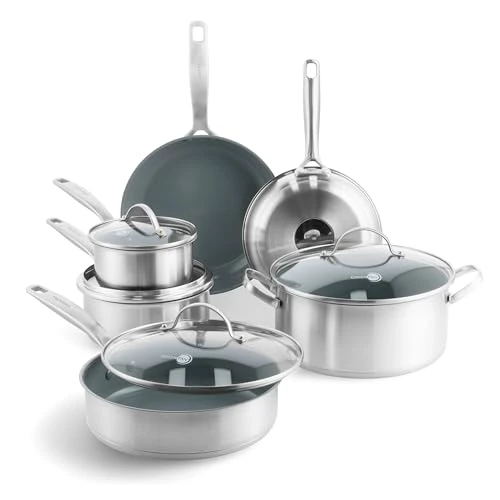Offerta a tempo: GreenPan Treviso Set di 10 Pentole e Padelle in Acciaio Inox con Rivestimento Ceramico Antiaderente Sano, Padella, Casseruola e Tegami, senza PFAS, Induzione, Forno e Lavastoviglie, Argento - 0.00% da 235.99 € a 235.99 €