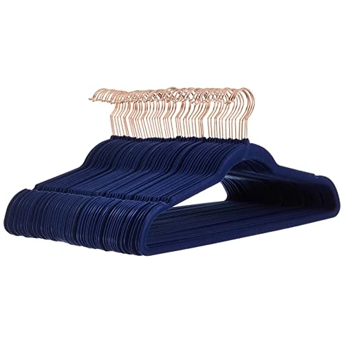 Amazon Basics perchas para ropa, antideslizantes, delgadas, con acabado de terciopelo, Paquete de 50, color azul marino/dorado rosa