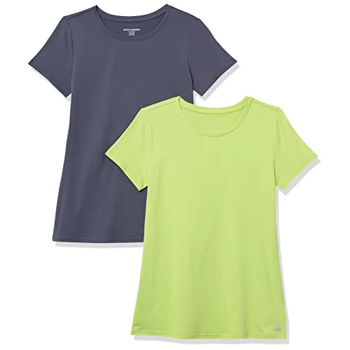 Oferta limitada: Amazon Essentials Camiseta Elástica de Secado Rápido, Manga Corta y Cuello Redondo (Hay Tallas Grandes) Mujer, Pack de 2, Gris Pizarra/Verde Lima, XS de 18.19 EUR a 18.19 EUR (ahorro 0%)