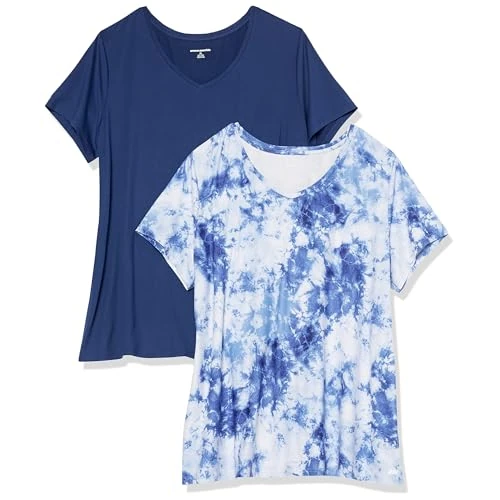 Oferta limitada: Amazon Essentials Camiseta Elástica de Secado Rápido, Manga Corta y Cuello en V (Hay Tallas Grandes) Mujer, Paquete de 2, Azul Marino/Blanco Teñido Anudado, XS de 16.74 € a 16.74 € (ahorro 0.00%)