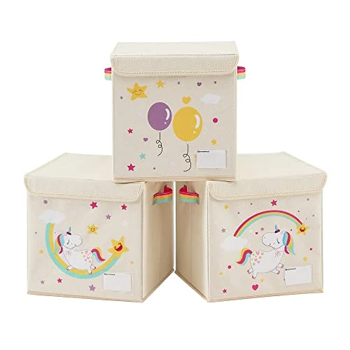 Offerta a tempo: SONGMICS Set di 3 Scatole Portaoggetti per Bambini, Contenitore Porta Giochi per Bambini, 30 x 30 x 30 cm, Cesta Portagiochi Pieghevole con Coperchio, Cameretta, Disegno Unicorno, Beige RFB710W03 - 15% da 17.99 € a 15.29 €