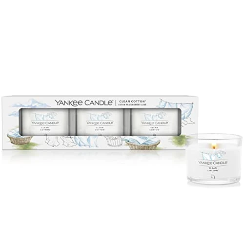 Yankee Candle Set de Velas Perfumadas, Velas Votivas Rellenas Clean Cotton, Mezcla de Cera con Soya, Pack de 3 Unidades