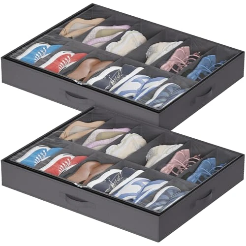 Lifewit Bolsas de Almacenamiento para Zapatos con Ventana Transparente, Cajas Almacenaje Zapatos Plegables Debajo de la Cama con Asas, Organizador Zapatos, Gris, 2 x 12 Pares