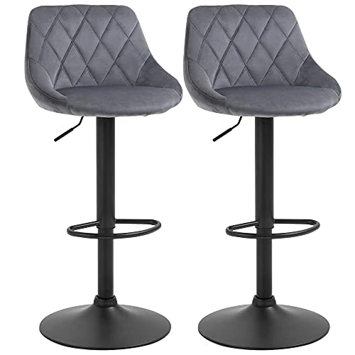 HOMCOM Set 2 tabourets de Bar, Hauteur réglable avec Base en métal et Assise en Velours, tabourets Modernes avec Dossier et Repose-Pieds, 46x48x83-104cm, Gris et Noir