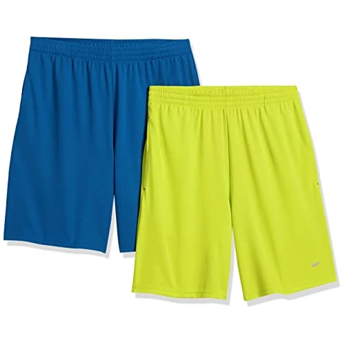 Amazon Essentials Herren Sportliche Basketball-Performance-Tech-Trainingsshorts mit Loose-Fit, 2er-Pack, Blau/Neon-hellgrün, M