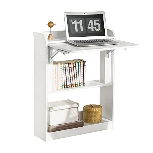 SoBuy Opklapbaar Bureau, Opklapbare Computertafel Multifunctioneel Bureau met Opbergplanken, Werktafel, Thuiskantoortafel, Computertafel, Werkstation 64x58x82cm FWT92-W
