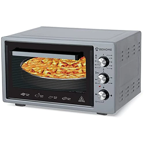BEHOME Elektrische oven met circulatielucht, 38 liter, met draaispit, zelfreinigend en geëmailleerd, temperatuur tot 320 graden, dubbele beglazing met binnenverlichting en timer, 2 bakvormen en 1