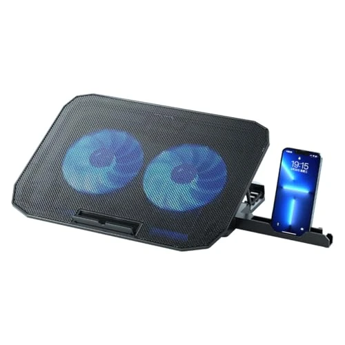 Offerta a tempo: NK Laptop Cooler Stand - Ventola per computer portatili da 12 a 17 pollici con 5 supporti regolabili in altezza, 2 ventole silenziose, 2 porte USB, raffreddamento rapido, luce LED blu - Colore nero - 0.00% da 24.13 € a 24.13 €