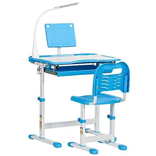 Offre limitée : HOMCOM Bureau scolaire avec chaise pour enfants 6-12 ans Hauteur réglable, plateau inclinable à 45° et lampe LED, acier et MDF, bleu de 94.95 € à 94.95 € (0.00% de remise)