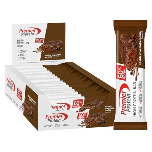 Premier Protein Wysokobiałkowy Baton Niskocukrowy + Bez Oleju Palmowego 16x40g; Double Chocolate Cookie