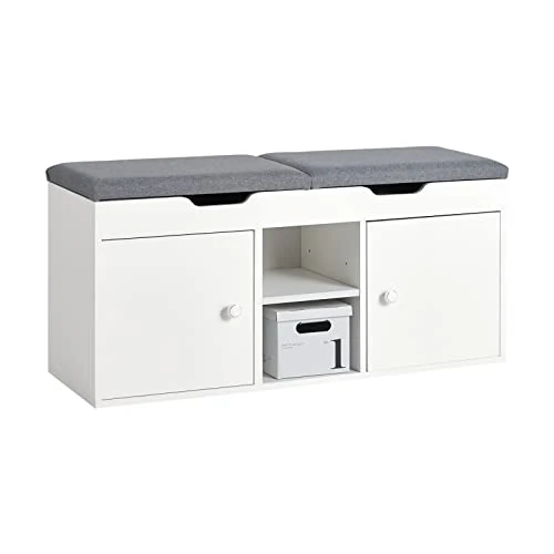 SoBuy Banc Chaussures Entrée Banc de Rangement Chaussures avec Coussin Rembourré, 2 Portes, 3 Étagères Réglables – Coffre de Rangement Moderne pour Meuble d’Entrée – Blanc 100x34x47cm – FSR96-W