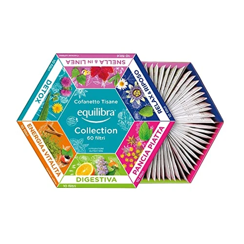 Offerta a tempo: Equilibra, Cofanetto Tisane Funzionali, 60 bustine, 6 Varianti, Tisane Detox, Energia, Pancia Piatta, Digestiva, Relax, Snella&in Linea, Idea Regalo, con Materiali Riciclabili, Ottime Anche a Freddo — 39% da 15,49 € a 9,38 €