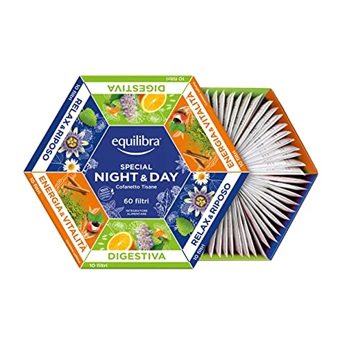 Offerta a tempo: Equilibra Integratori Alimentari Tisane, Cofanetto Night & Day Collection, 100% Ingredienti Funzionali, Selezione di 3 Diverse Tisane, Materiali 100% Riciclabili, Box Regalo, 60 Filtri - 17% da 15.49 € a 12.90 €