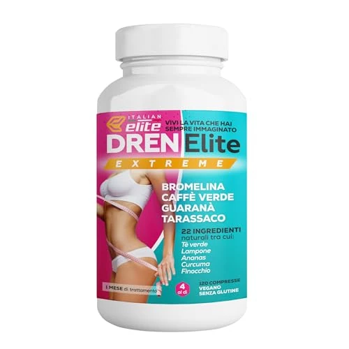 Offerta a tempo: Italian Elite® Dren Extreme 120 Cpr. Integratore Alimentare, Drenante Naturale Donna, Ritenzione Idrica, Cellulite, Attività Enzimatica, Bromelina Forte, Glucomannano, Tarassaco, Caffè Verde, Curcuma. - 20% da 24.90 € a 19.92 €
