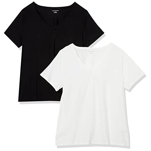 Amazon Essentials Women's Plus Size Short-Sleeve V-Neck T-Shirt, Pack of 2, White/Black, 6XL Plus