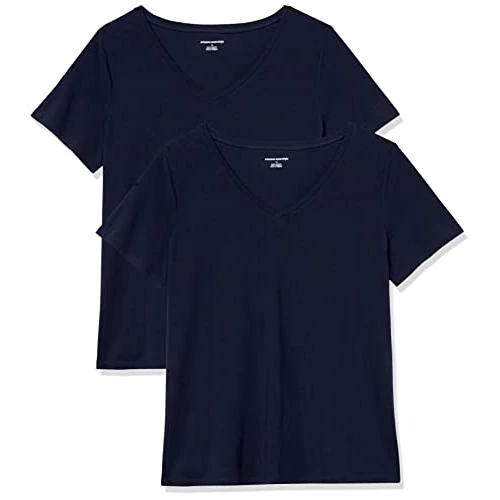Amazon Essentials Damen Plus Size V-Ausschnitt T-Shirt mit Kurzen Ärmeln, Klassische Passform, 2er-Pack, Marineblau, 6XL Große Größen