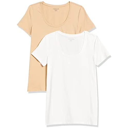 Amazon Essentials T-Shirt da Donna con Scollo Rotondo a Maniche Corte vestibilità Regolare (Disponibile in Taglie Forti), Confezione da 2, Bianco/Cammello Chiaro, XS