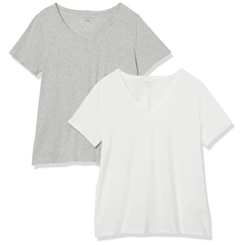 Amazon Essentials Camiseta de Manga Corta con Cuello en V de Talla Grande Mujer, Pack de 2, Blanco/Gris Claro Mezcla, 4XL Grande