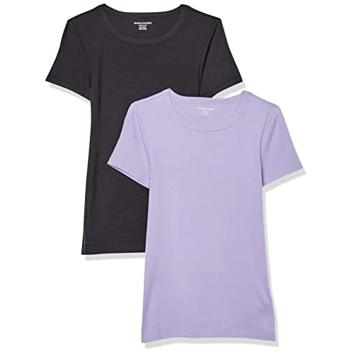 Amazon Essentials Damen Kurzärmeliges T-Shirt mit Rundhalsausschnitt, Schmale Passform, 2er-Pack, Schwarz/Lavendel, L