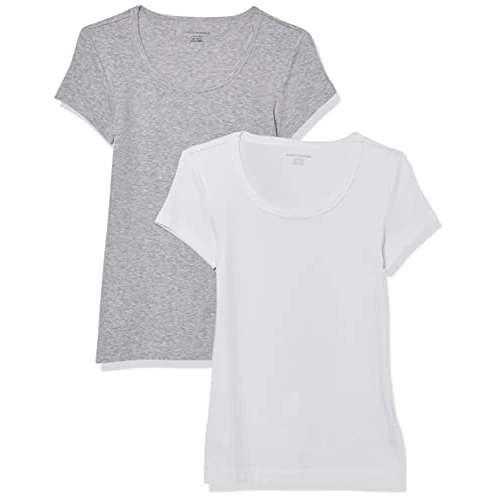 Amazon Essentials Camiseta Entallada con Cuello Redondo y Mangas Casquillo Mujer, Pack de 2, Blanco/Gris Claro Mezcla, XXL