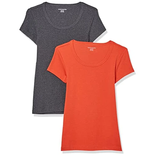 Amazon Essentials Camiseta Entallada con Cuello Redondo y Mangas Casquillo Mujer, Pack de 2, Carbón Mezcla/Rojo Tomate, M