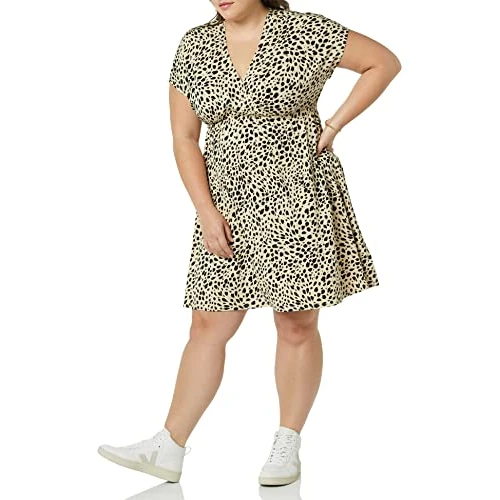 Amazon Essentials Women's Casual Surplice Dress for Beach and Wedding Guest Wear (Available in Plus Size), Tan Animal Print, M