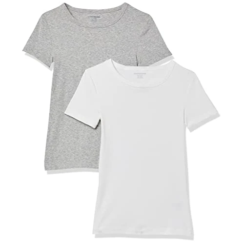 Limited-time offer: Amazon Essentials Women's Slim-Fit Short-Sleeve Crewneck T-Shirt, Pack of 2, White/Light Grey Heather, M from 20.90 £ to 11.80 £ (save 44%)