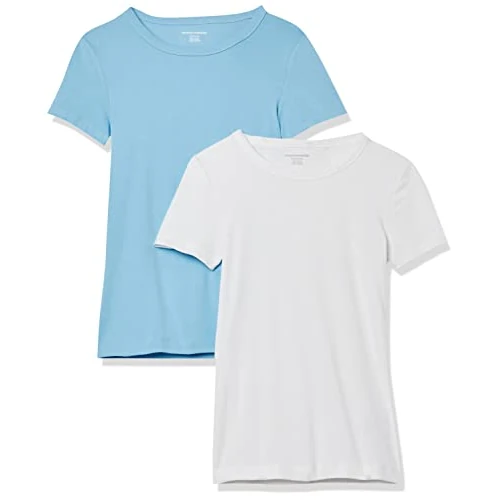 Offerta a tempo: Amazon Essentials T-Shirt Girocollo a Maniche Corte Slim Donna, Pacco da 2, Bianco/Blu Chiaro, S - 10% da 24.70 € a 22.24 €
