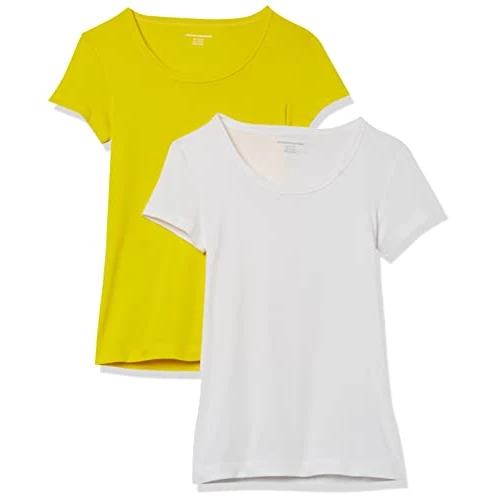 Offerta a tempo: Amazon Essentials T-Shirt Aderente con Maniche Ad Aletta e Scollo Ampio Donna, Pacco da 2, Bianco/Giallo Limone, S - 43% da 17.70 € a 10.05 €