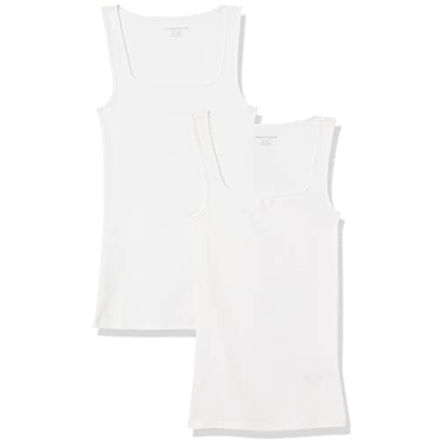 Amazon Essentials Débardeur à Encolure Carrée, Coupe Ajustée Femme, Lot de 2, Blanc, XS