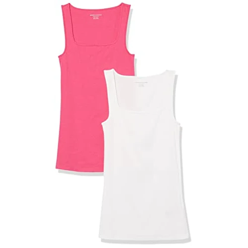 Amazon Essentials Débardeur à Encolure Carrée, Coupe Ajustée Femme, Lot de 2, Blanc/Rose Foncé, S