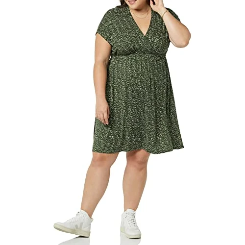 Amazon Essentials Women's Casual Surplice Dress for Beach and Wedding Guest Wear (Available in Plus Size), Olive Dots, XL