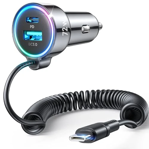 Offerta a tempo: 2025 72W 3 Porte Caricabatterie Auto USB C, PD3.0 & QC3.0 Veloce Caricatore auto con 1.5M [Mantieni l'ordine] Cavo a Spirale di Tipo C Super Veloce, Accendisigari per iPhone 17, Samsung S25, Android - 22% da 22.99 € a 17.99 €