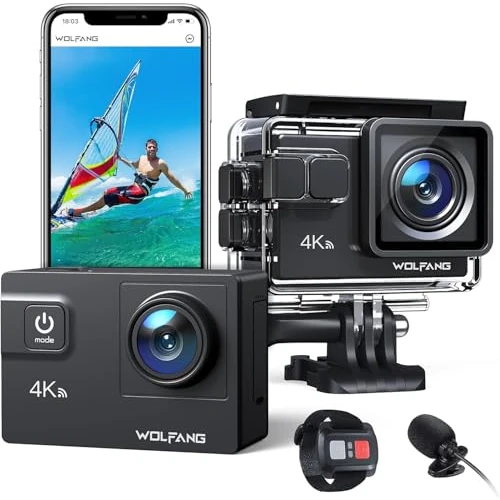 Offerta a tempo: WOLFANG Action Cam GA300 4K 60FPS, 20MP WiFi EIS Action Camera con schermo tattile, 8X Zoom Fotocamera Impermeabile 40M Subacquea Videocamera, Mic Esterno, Telecomando 2x1350mAh Batterie e Accessori - 43% da 109.99 € a 62.99 €