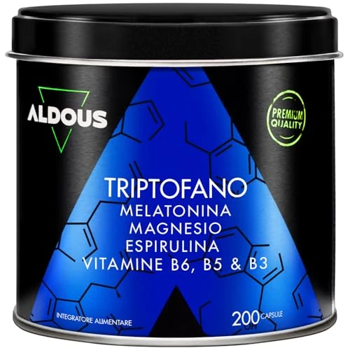 Offerta a tempo: Triptofano con Melatonina e Magnesio - Vitamina B6, B5, B3 e Spirulina - Triptofano Integratore Forte - Integratore Sonno Profondo - Melatonina per Dormire - Ansia e Stress - Calma, Benessere - ALDOUS - 20% da 27.97 € a 22.38 €