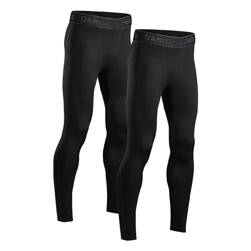 DANISH ENDURANCE 2er Pack Laufhose Herren Lang, Kompressionshose, Sportleggings mit Taschen, Schwarz, L