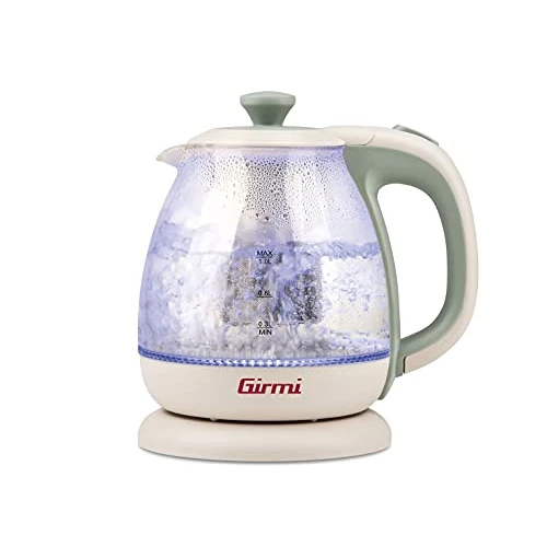 Girmi BL41 Hervidor y Tetera de Vidrio, 1100 W, Filtro Desmontable de Acero Inoxidable, Resistencia de Seguridad, Base Giratoria 360°, Inalámbrico, 1 Litro, Verde Agua