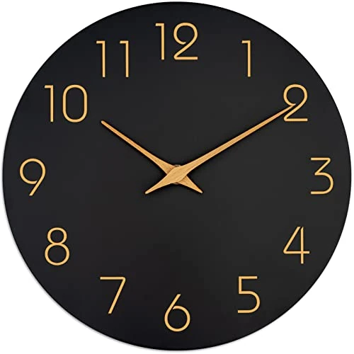 Offerta a tempo: Mosewa - Orologio da parete, 25,4 cm, moderno, silenzioso, a batteria, senza ticchettio, semplice e minimalista, numeri in oro rosa, decorativo per soggiorno, cucina, ufficio (nero) - 42% da 25.99 € a 14.99 €