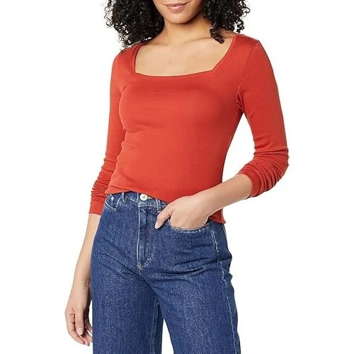 Offerta a tempo: Amazon Essentials T-Shirt Aderente con Scollo Quadrato A Maniche Lunghe Donna, Rosso Mattone, XL - 41% da 15.20 € a 8.91 €
