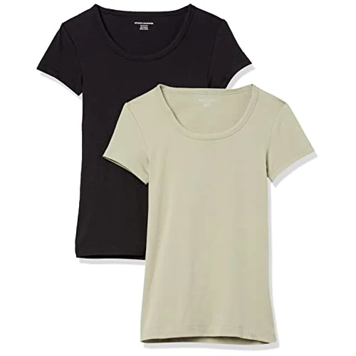 Amazon Essentials Damen Basic U-Ausschnitt T-Shirt mit Flügelärmeln aus Modal-Baumwolle, Schmaler Passform, 2er-Pack, Schwarz/Salbeigrün, XS