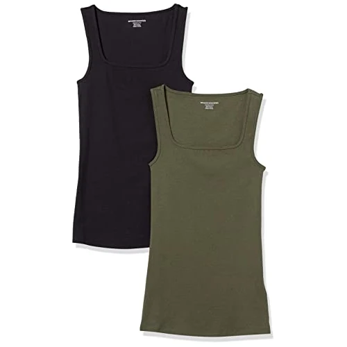 Amazon Essentials Damen Schmal Geschnittenes Tanktop Mit Quadratischem Ausschnitt, 2er-Pack, Schwarz/Dunkles Olivgrün, XXL