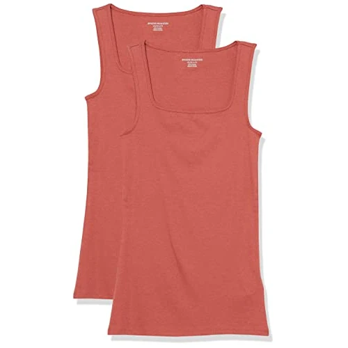 Amazon Essentials Damen Schmal Geschnittenes Tanktop Mit Quadratischem Ausschnitt, 2er-Pack, Ziegelrot, XXL