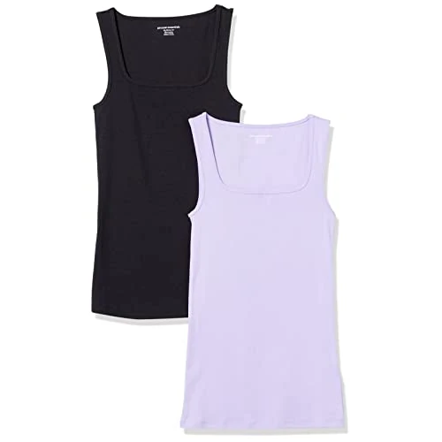 Amazon Essentials Canotta con Scollo Quadrato, vestibilità Aderente Donna, Pacco da 2, Nero/Lavanda, M