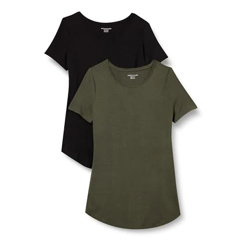 Amazon Essentials Women's Short-Sleeve Scoopneck Tunic, Pack of 2, Black/Olive, XL