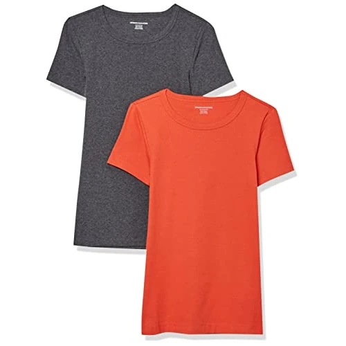 Amazon Essentials T-Shirt Girocollo a Maniche Corte Slim Donna, Pacco da 2, Carbone Puntinato/Rosso Pomodoro, XL