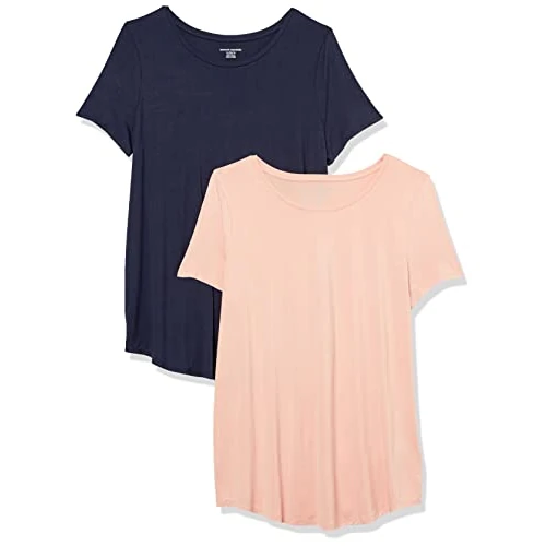 Amazon Essentials Túnica de Cuello Redondo y Manga Corta Mujer, Pack de 2, Azul Marino/Rosa Coral, XS