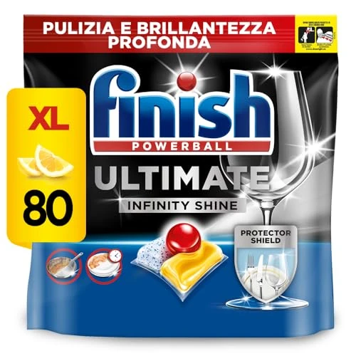 Finish Powerball Ultimate Infinity Shine, pastillas para el lavavajillas con poder quitagrasas y protección del cristal, aroma limón, 80 Pastillas