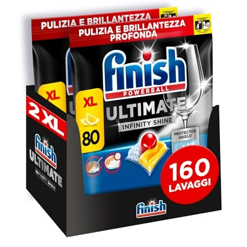 Finish Powerball Ultimate Infinity Shine, pastillas para el lavavajillas con poder quitagrasas y protección del cristal, aroma limón, 2 packs de 80, total 160 Pastillas