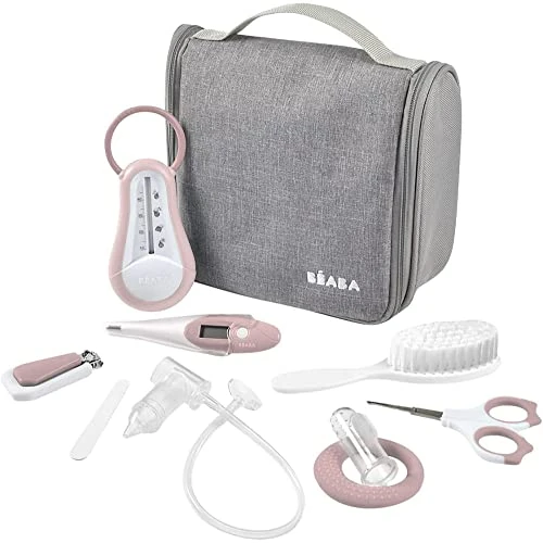 Béaba - Baby Health Care Kit - Baby Grooming Kit - 9 Newborn Accessories : Bath and Digital Thermometer + Teething Ring + Gum Brush + Manual Nasal Aspirator + Nail Scissors - Old Pink